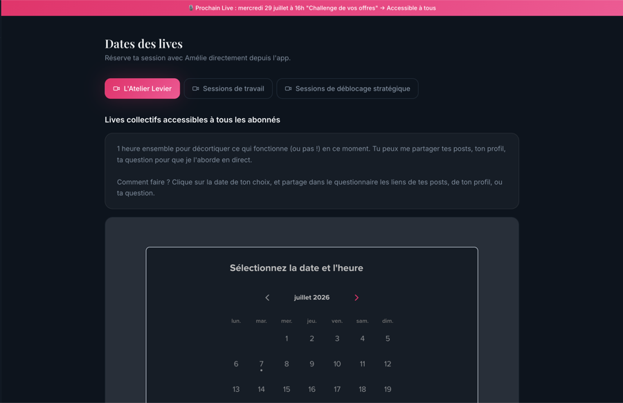 Écran des dates de lives Le Levier — calendrier des sessions collectives avec Amélie.