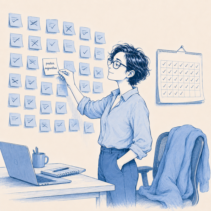 Manon radieuse et un peu incrédule, pointant fièrement un calendrier mural entièrement coché derrière elle, une série ininterrompue.