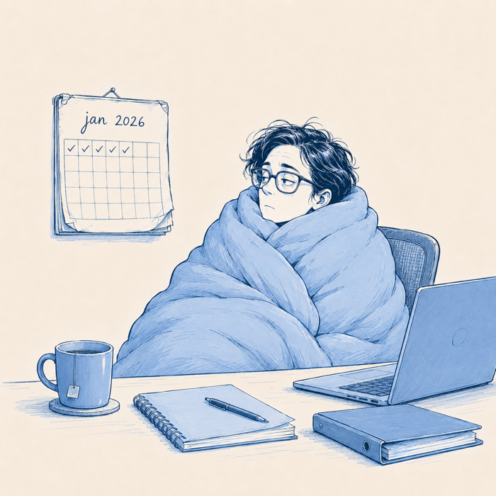 Manon affalée sur sa chaise, laptop fermé repoussé sur le côté, devant un calendrier mural où les cases cochées s'arrêtent brutalement après quelques jours.