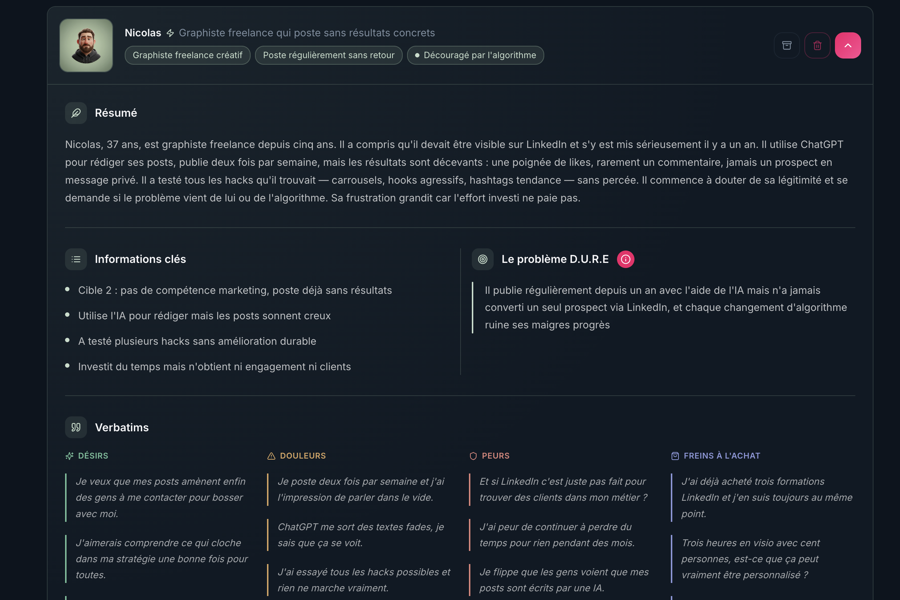 Capture d'écran Le Levier — portrait de client idéal généré automatiquement, avec résumé, informations clés, problème D.U.R.E et verbatims (désirs, douleurs, peurs, freins à l'achat).