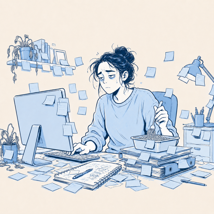 Sophie débordée à son bureau, entourée d'une avalanche de post-its et d'un café froid, plusieurs bras façon BD pour jongler avec tout à la fois.